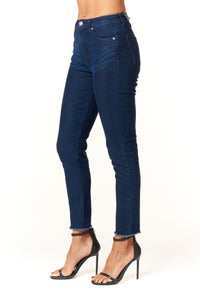 Tractr Jeans, high rise fray hem skinny jean in dark wash-Stylists Top Picks