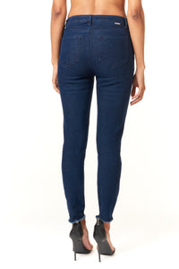 Tractr Jeans, high rise fray hem skinny jean in dark wash-Stylists Top Picks