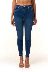 Tractr Jeans, High Rise skinny jeans with release hem in medium wash-Denim