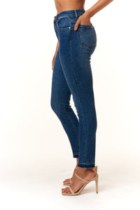 Tractr Jeans, High Rise skinny jeans with release hem in medium wash-Bottoms