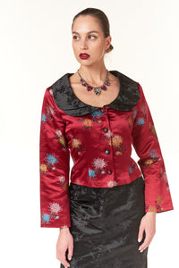 Garbolino Couture, Silk Brocade Princess Short Jacket with Black Trim-Chic Holiday