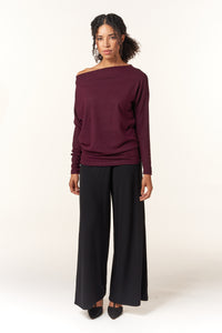 Renee C, Brushed Knit Off the Shoulder Top in Plum-Tops