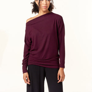 Renee C, Brushed Knit Off the Shoulder Top in Plum-Tops