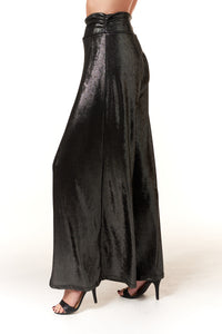 Renee C., Metallic Wide Trousers in Black/Silver-Sale