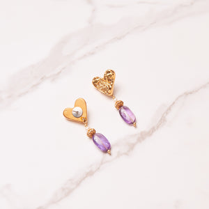 Special Effects Gold Heart Earrings with Natural Amethyst Nuggets-Special Effects Gold Heart Earrings with Natural Amethyst Nuggets