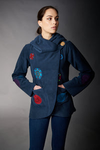Ark, Fleece Vella Embroidered Jacket in Navy-Outerwear