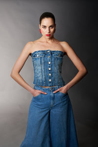 Tractr Jeans, Denim Corset in Medium Wash-New Tops