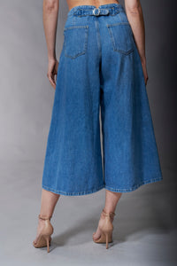 Tractr Jeans, Denim, Wide Leg Culotte with Back Waist Buckle-Denim