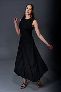 Tractr Jeans, Denim, Diagonal Paneled Maxi Dress in Black Denim-