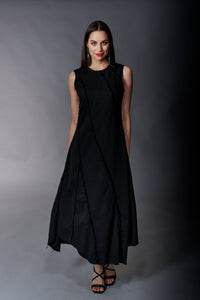Tractr Jeans, Denim, Diagonal Paneled Maxi Dress in Black Denim-Maxi Dress