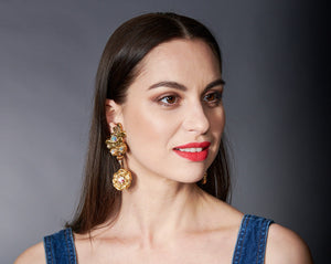 Special Effects, Ceramic, Floral Chandelier Earring with Swarovski Crystal in gold-Gifts for the Fashionista