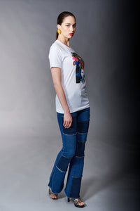 Tractr Denim, High Rise Sexy Flare Patchwork jeans in dark wash-New Bottoms