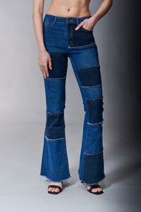 Tractr Denim, High Rise Sexy Flare Patchwork jeans in dark wash-New Arrivals