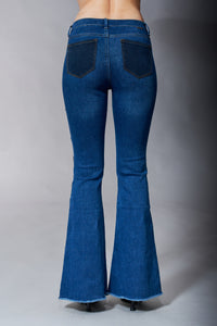 Tractr Denim, High Rise Sexy Flare Patchwork jeans in dark wash-Bottoms