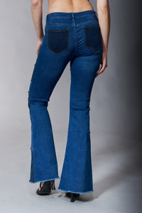 Tractr Denim, High Rise Sexy Flare Patchwork jeans in dark wash-Denim