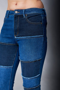 Tractr Denim, High Rise Sexy Flare Patchwork jeans in dark wash-Denim