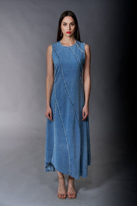 Tractr Jeans, Denim, Diagonal Paneled Maxi Dress in Medium Wash-Dresses