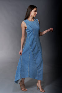 Tractr Jeans, Denim, Diagonal Paneled Maxi Dress in Medium Wash-Dresses