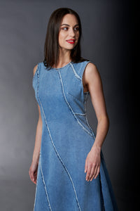 Tractr Jeans, Denim, Diagonal Paneled Maxi Dress in Medium Wash-New Dresses