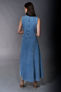 Tractr Jeans, Denim, Diagonal Paneled Maxi Dress in Medium Wash-New Arrivals