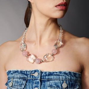 Special Effects, Brazilian Rock Crystal Nuggets Necklace with Rose Quartz-New Arrivals