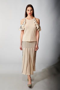 Aldo Martins, Sustainable Knit, Orus Ruffled Cold Shoulder Top in Eggshell-High End Tops