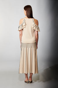 Aldo Martins, Sustainable Knit, Orus Ruffled Cold Shoulder Top in Eggshell-High End Tops