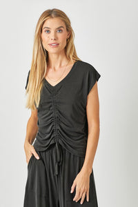 Mystree, Modal, Front Ruched Short Sleeve Top in Washed Black-