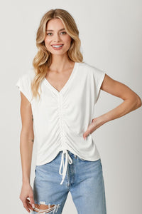 Mystree, Modal, Front Ruched Short Sleeve Top in Off White-Tops