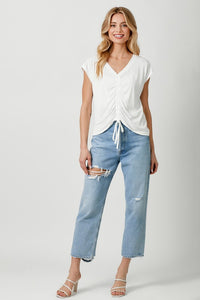 Mystree, Modal, Front Ruched Short Sleeve Top in Off White-