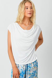Mystree, Modal, Cowl Neck Short Sleeve Top in Off White-Tops