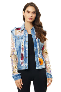 Adore, Denim Lace Jacket with 3D Floral Embroidery-SHIPS EARLY JUNE-Outerwear