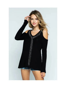 Vocal, Waffle Knit Cold Shoulder Top with Stones-Promo Eligible