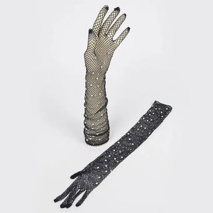 Fashion Collection, Fishnet Stones Long Gloves in Black-Gifts - Accessories