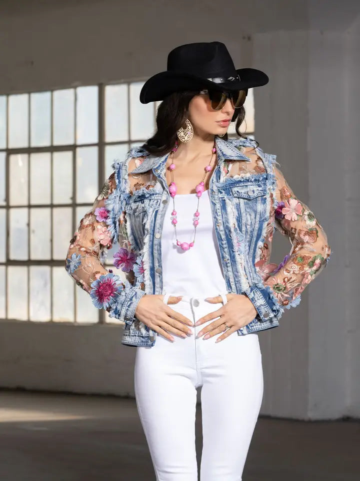 Adore Adore, Denim, Lace Jacket with 3D Floral Pastel
