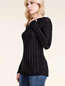Vocal, Waffle Knit Hoodie Top with All Over Crystals-New Arrivals
