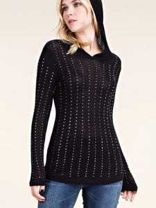 Vocal, Waffle Knit Hoodie Top with All Over Crystals-New Arrivals