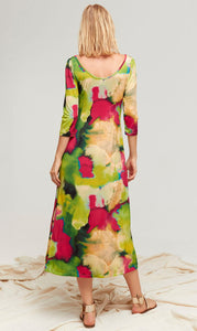 Aldo Martins, Fine Knit 3/4 sleeve Reversible maxi dress in green watercolor print-Capjuluca Collection-