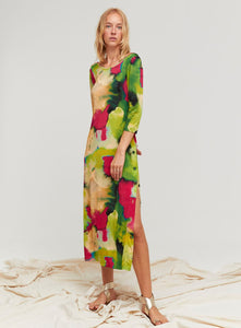 Aldo Martins, Fine Knit 3/4 sleeve Reversible maxi dress in green watercolor print-Capjuluca Collection-