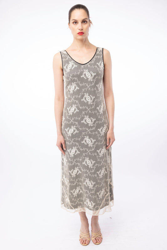Garbolino Couture, French Lace, Bias Cut Maxi Dress in Ivory