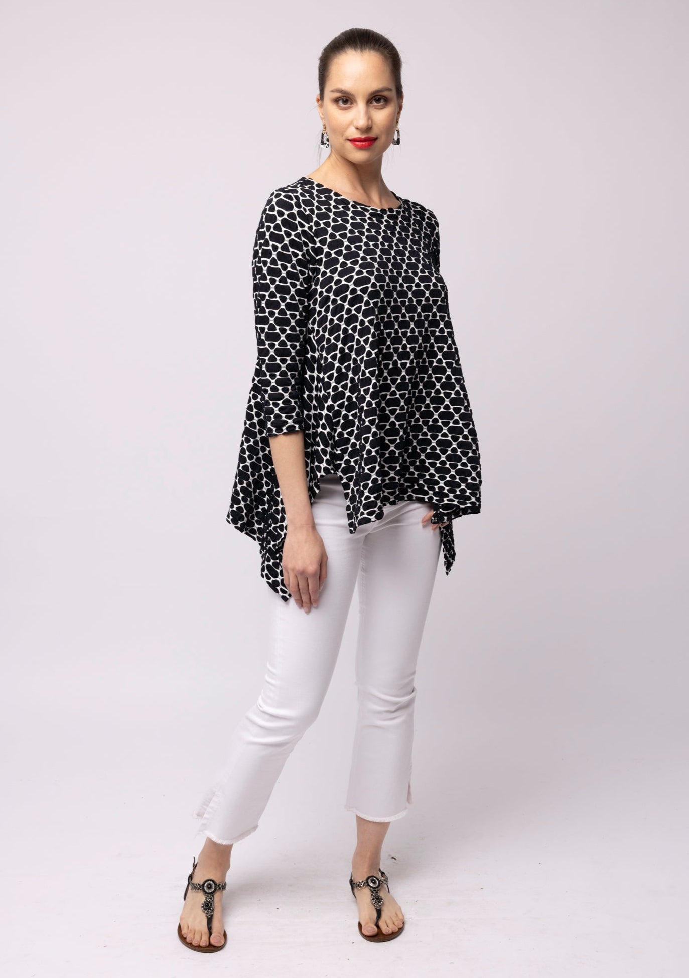 kozan Black Bead Print 3/4 Sleeve Top - Kozan Tencel