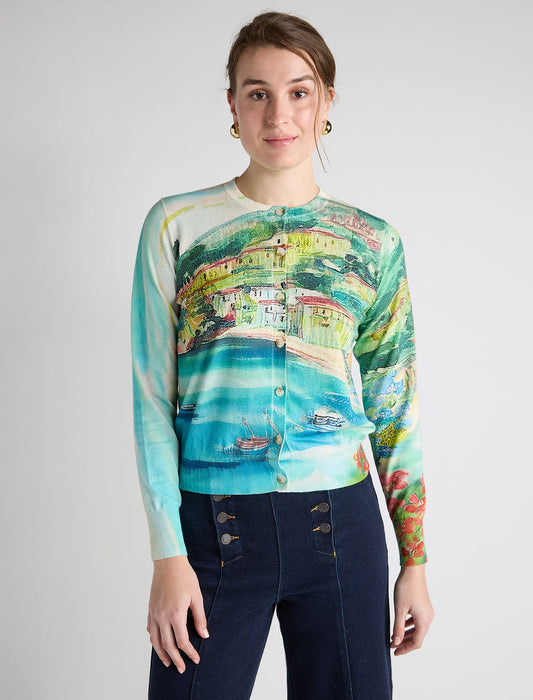 Aldo Martins, Silk Knit, Cardigan Sweater in Blue print