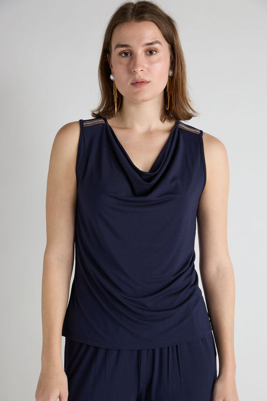 Aldo Martins, Bamboo Knit, Draped Neck Sleeveless Blouse in navy blue