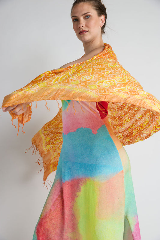 Color Island, Silk, LARGE Handmade Batik Art Scarf in Orange Clouds print