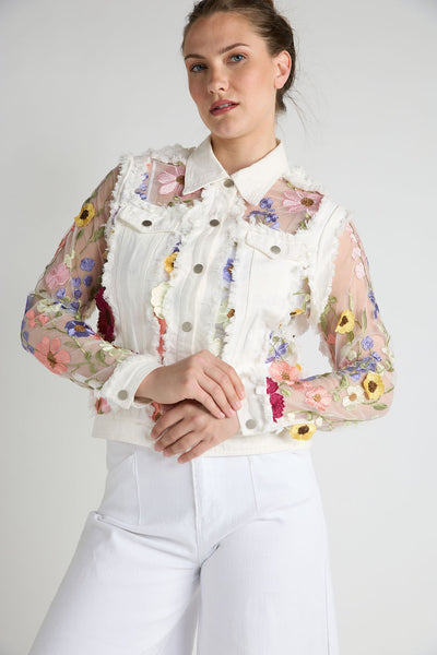 Adore Adore, Denim, Lace Jacket with 3D Floral Embroidery in White