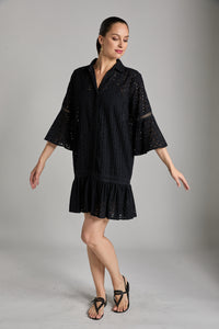 Modaposa, Cotton Eyelet, Delaney Flounce Midi Dress in Black XL=12/14