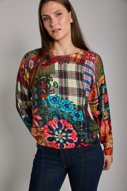 Aldo Martins, Cashmere, Batu Round Neck Sweater in plaid floral art print
