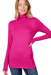 Pop Colors, brushed knit, ruched mock neck long sleeve top-Essentials