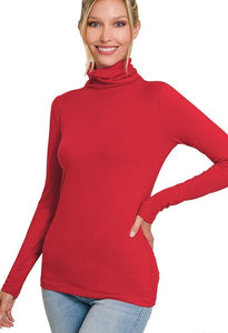 Pop Colors, brushed knit, ruched mock neck long sleeve top-Essentials