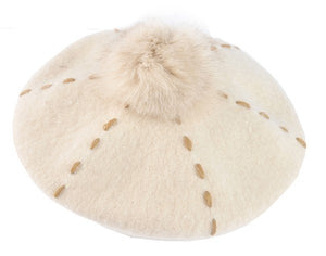 embroidered wool beret with faux fur pom-